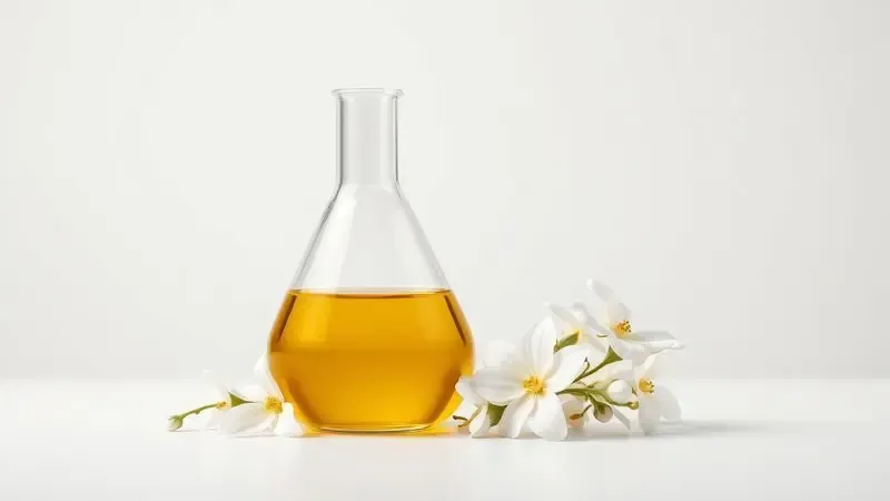 Ilustração 3D de elementos de alta perfumaria com flores brancas e essência dourada representando a criação de fragrâncias de luxo.