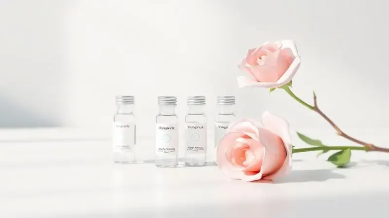 Renderização 3D de pequenos frascos de vidro de amostra sem rótulo, representando decants de perfume.