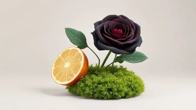 Renderização 3D dos ingredientes principais do perfume chipre: bergamota, rosa e musgo de carvalho em camadas conceituais.