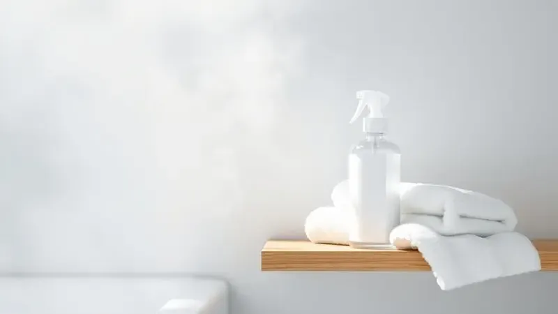 Renderização 3D de um ambiente de banheiro tranquilo com toalha branca e frasco de spray sugerindo uso pós-banho.