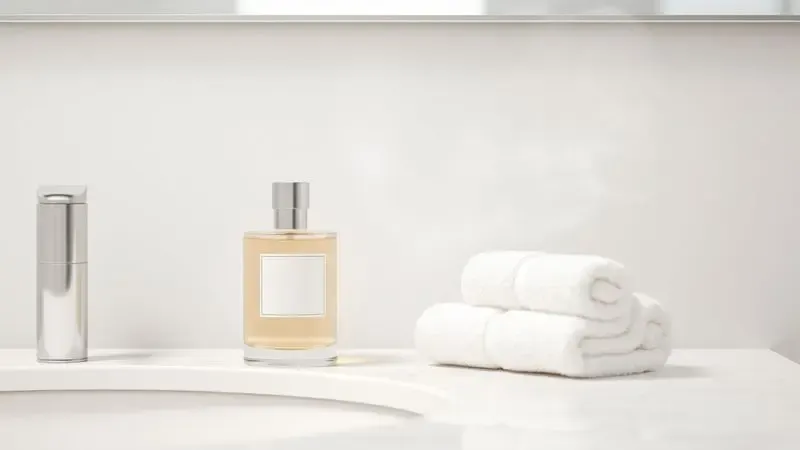Cena conceitual de um frasco de perfume genérico ao lado de uma toalha branca em um ambiente de banho com vapor suave.