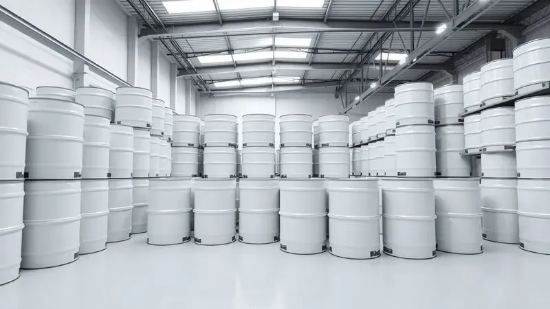 Representação 3D de tambores industriais genéricos organizados em um ambiente de estoque limpo e moderno.