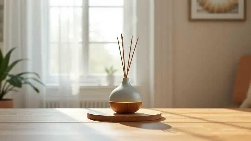 Renderização de um difusor de ambiente minimalista em uma sala aconchegante com tons amadeirados.