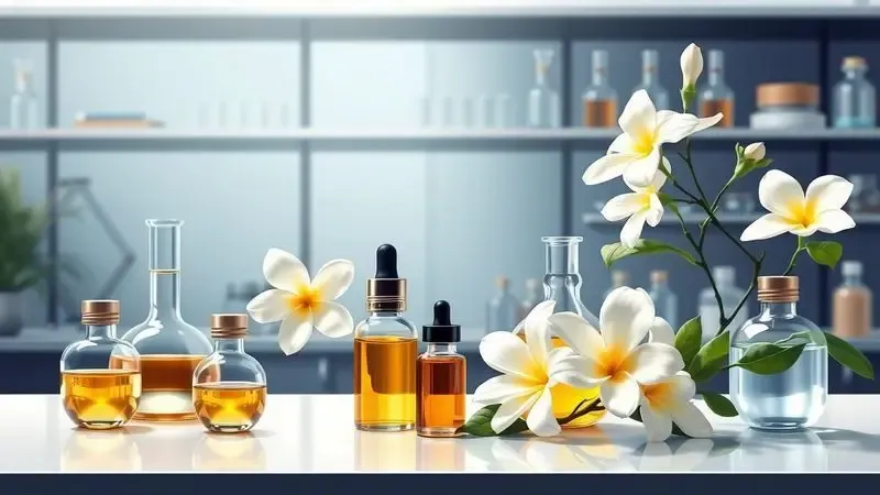 Representação visual de um laboratório de perfumaria com frascos de óleos essenciais e ingredientes naturais.