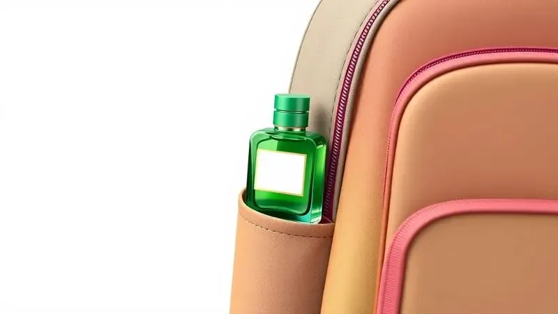 Representação digital de um pequeno frasco de perfume sendo colocado em uma mochila escolar.