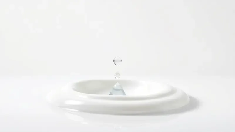Ilustração digital de uma gota de água pura caindo em um creme branco suave, simbolizando a pureza dos hidratantes sem perfume.