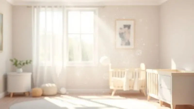 Ilustração artística de gotas de fragrância suave em um ambiente infantil iluminado e tranquilo.