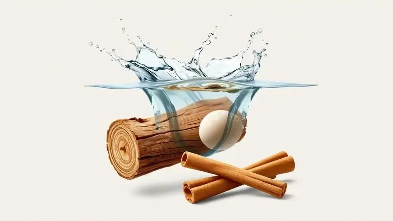 Ilustração artística representando elementos de fragrâncias como água, madeira e especiarias em um fundo neutro e minimalista.
