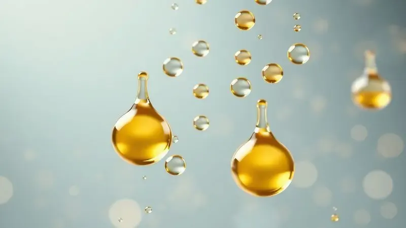 Renderização 3D de gotas douradas e moléculas estilizadas simbolizando a fixação e durabilidade de perfumes masculinos.