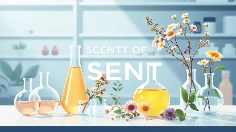 Ilustração digital artística de elementos de laboratório e botânicos representando a ciência da perfumaria e criação de fragrâncias.