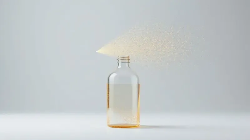 Renderização digital mostrando a aplicação de perfume com uma névoa fina de partículas douradas sobre um fundo abstrato.
