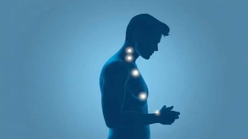 Ilustração estilizada em 3D de uma silhueta masculina indicando pontos estratégicos de aplicação de fragrância com luzes suaves.