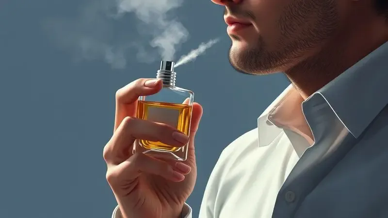 Representação artística de um homem aplicando perfume, focando na névoa da fragrância e na técnica de aplicação.