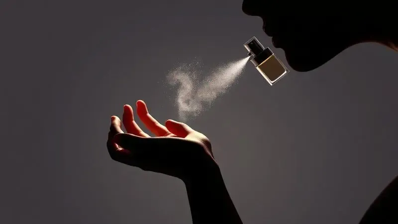 Ilustração artística mostrando a aplicação de perfume no pulso com uma névoa fina representando a projeção da fragrância.