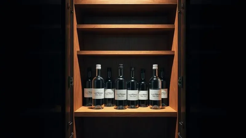 Renderização artística de frascos de perfume armazenados corretamente em um ambiente fresco e escuro para preservação.