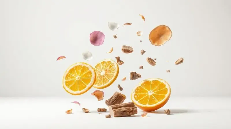 Representação artística 3D de elementos naturais como pétalas e madeira, simbolizando as notas de fragrância de um perfume.