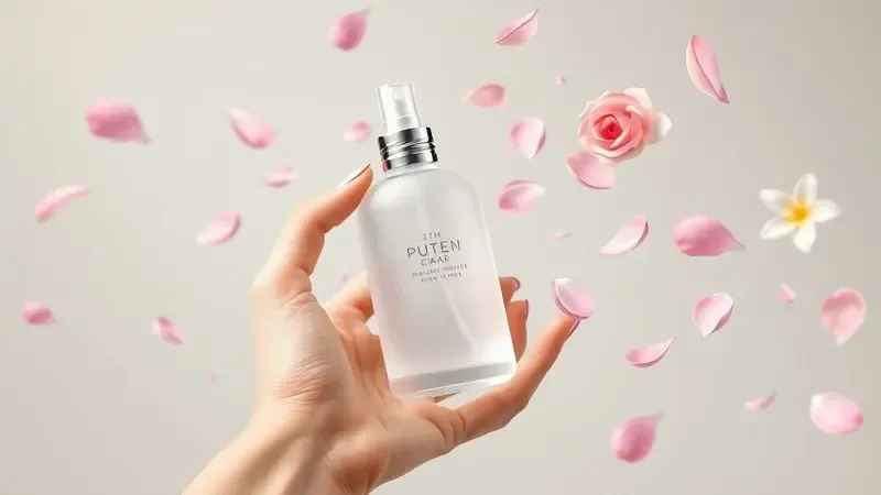 Ilustração 3D de uma mão feminina segurando um frasco de spray delicado entre pétalas de flores flutuantes.