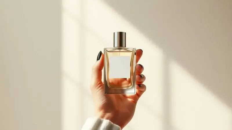 Mão feminina segurando um frasco de perfume elegante e sem marca em um ambiente de luz suave.