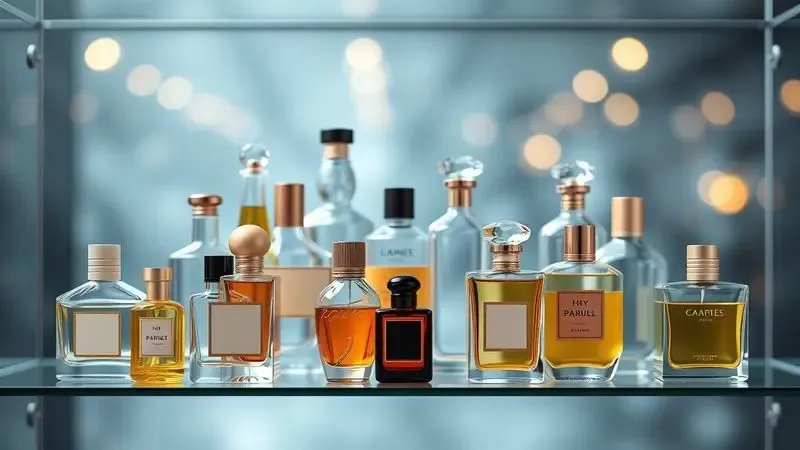 Representação artística de diversos frascos de perfume genéricos e elegantes em uma prateleira, ilustrando a variedade de escolha.