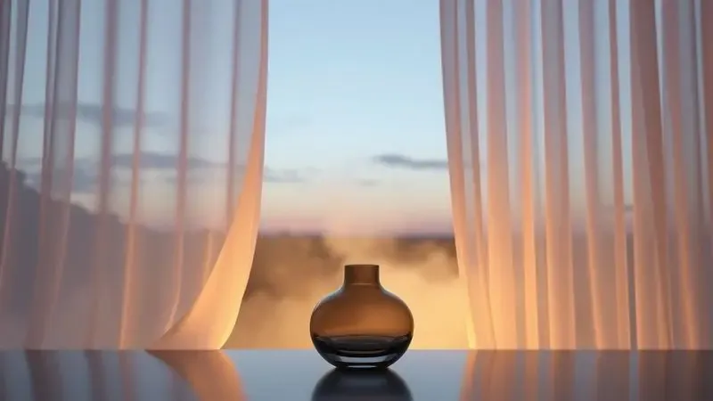Cena conceitual em 3D de um ambiente sereno e elegante sugerindo a atmosfera ideal para o uso de perfumes chipre.