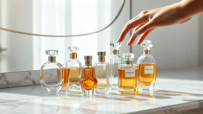 Ilustração 3D de uma mão escolhendo entre diversos frascos de perfume elegantes sobre uma penteadeira de mármore.