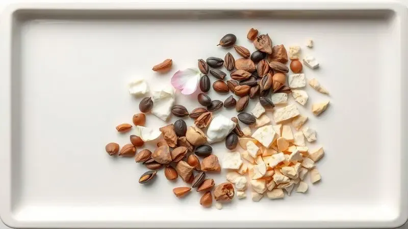 Renderização 3D de ingredientes botânicos como pétalas de flores e favas de baunilha em uma bandeja de cerâmica, representando notas olfativas.