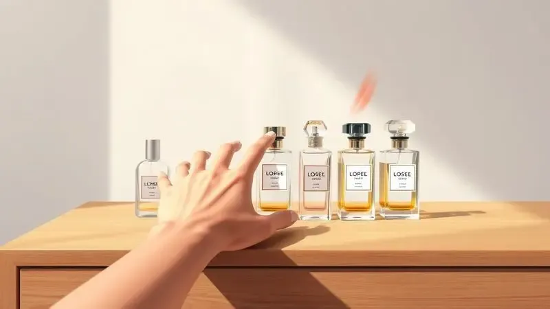 Mão alcançando frascos de perfume minimalistas sobre uma penteadeira de madeira, simbolizando a escolha da fragrância.