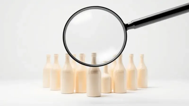 Renderização 3D de uma lupa analisando diferentes frascos de perfumes infantis coloridos e sem marcas.
