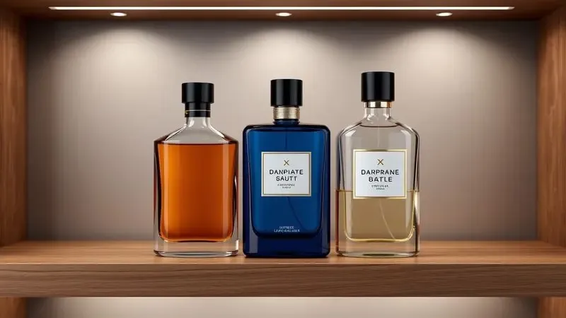 Variação de frascos de perfumes masculinos sem marca em uma prateleira, ilustrando a diversidade de fragrâncias e notas olfativas.