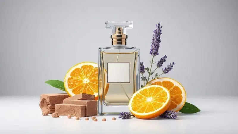 Ilustração 3D artística de ingredientes naturais como madeira e ervas ao redor de um frasco de perfume masculino genérico.