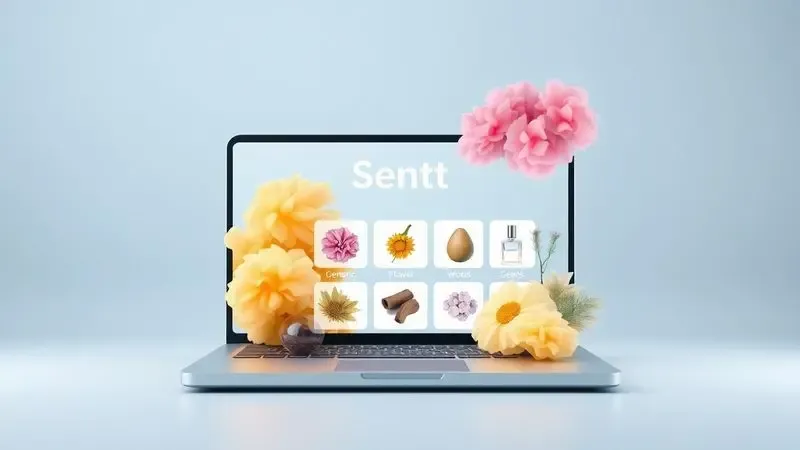 Conceito digital de escolha de fragrâncias online com elementos abstratos e coloridos simbolizando aromas.