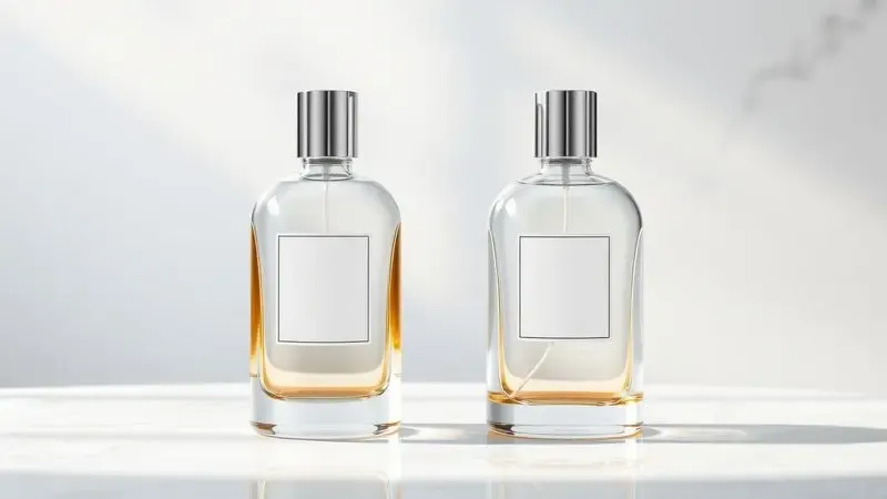 Dois frascos de perfume genéricos e elegantes em uma superfície de mármore para comparação de fragrâncias.