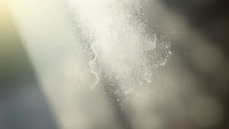 Ilustração digital de uma névoa delicada de perfume sendo aplicada, evocando durabilidade e frescor.