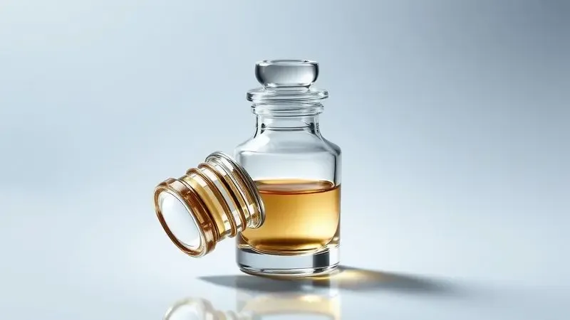 Detalhes de acabamento de um frasco de miniatura de perfume evidenciando a qualidade do vidro e da tampa.