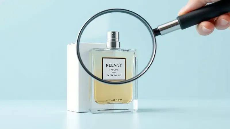 Lupa inspecionando a embalagem de um perfume genérico para verificar a autenticidade e detalhes.