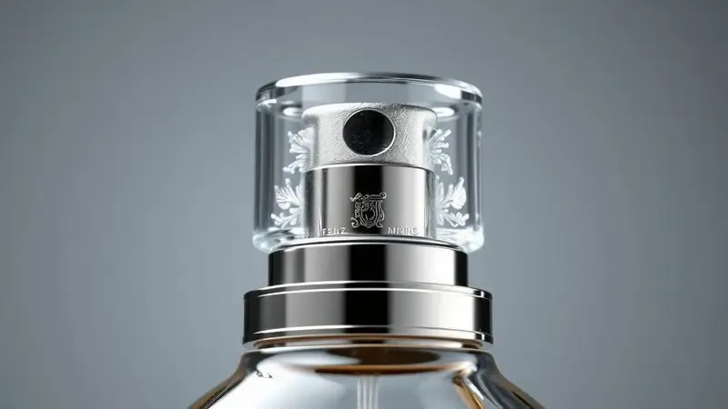 Close-up detalhado de um borrifador e tampa de perfume de alta qualidade para identificação de originalidade.