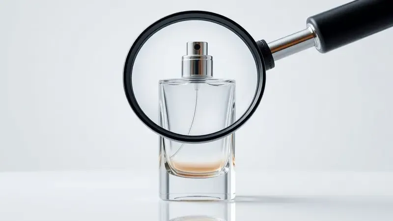 Lupa examinando a base de um frasco de perfume de vidro transparente para verificar a autenticidade e detalhes de fabricação.