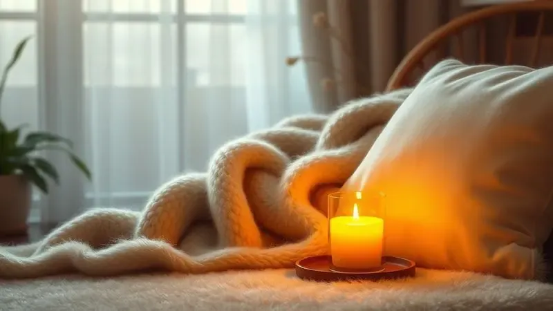 Representação visual aconchegante de um ambiente de inverno com tecidos luxuosos, evocando o calor das notas de âmbar.