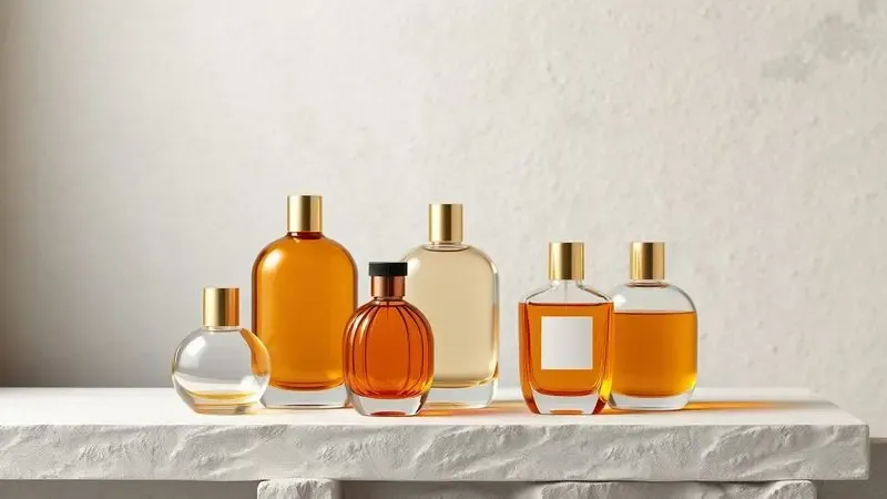 Renderização conceitual em 3D de diversos frascos de fragrâncias com cores e formatos variados dispostos em uma prateleira minimalista.