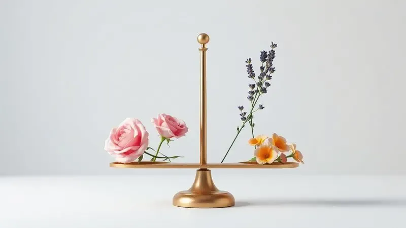 Ilustração conceitual de uma balança equilibrando rosas cor-de-rosa de um lado e lavanda com flor de laranjeira do outro.