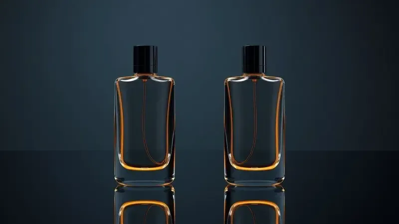 Comparação entre dois frascos de perfume elegantes em uma superfície reflexiva, simbolizando a semelhança entre fragrâncias.