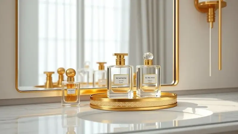 Renderização 3D de frascos de perfume luxuosos e minimalistas em uma penteadeira sofisticada.