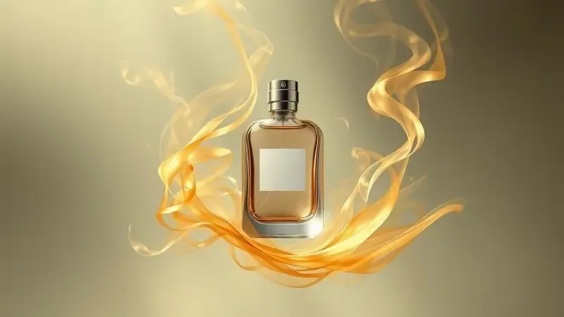 Ilustração digital de um frasco de perfume flutuando entre fumaça dourada e elementos abstratos, simbolizando a exclusividade.