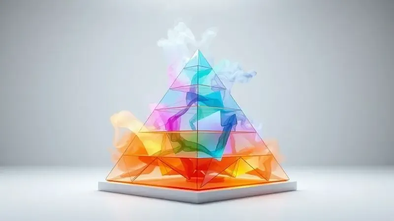 Representação artística abstrata de uma pirâmide olfativa com camadas de fragrâncias e vapor colorido.