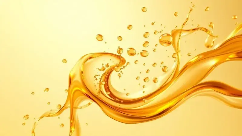 Ilustração 3D abstrata de partículas de fragrância se misturando em tons dourados e âmbar, simbolizando a maturação química.