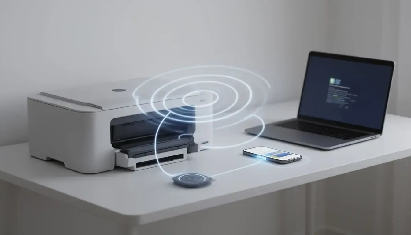 Ilustração artística de uma impressora com ondas de sinal conectando a um notebook e smartphone de forma sem fio.