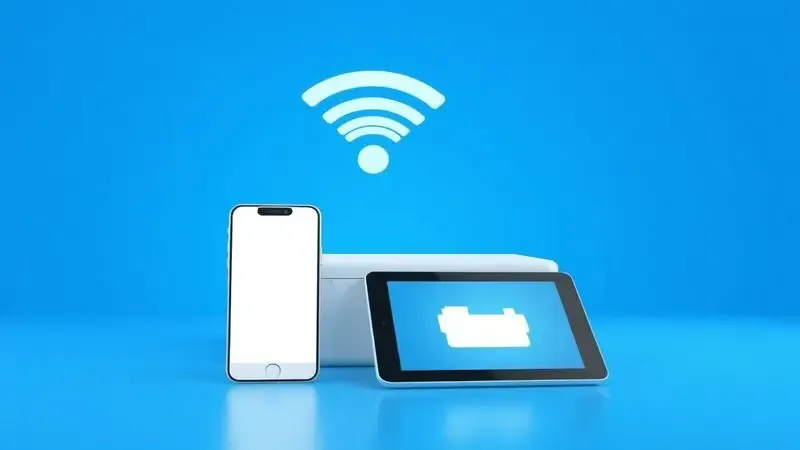 Ilustração 3D conceitual mostrando a conexão sem fio entre um smartphone e uma impressora estilizada através de ondas de sinal azul.