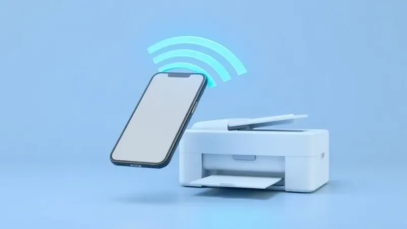 Ilustração digital 3D representando a conectividade sem fio entre um smartphone e uma impressora.