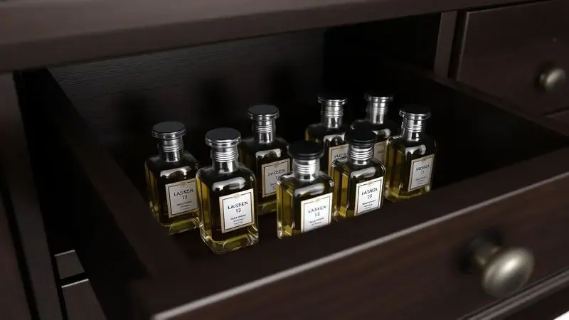 Miniaturas de perfumes guardadas dentro de uma gaveta organizada para proteção contra luz e calor.