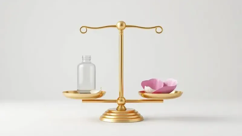 Ilustração 3D conceitual de uma balança minimalista equilibrando um frasco de vidro e pétalas de flores delicadas.